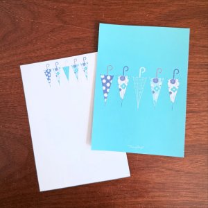 画像1: memo便せん（一筆せん）： 傘ターコイズブルー柄　5枚入　【両面印刷:裏面は柄&ドット罫入】