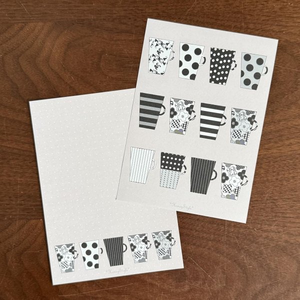 画像1: memo便せん（一筆せん）： モノクロカップ柄　5枚入　【両面印刷:裏面は柄&ドット罫入】 (1)